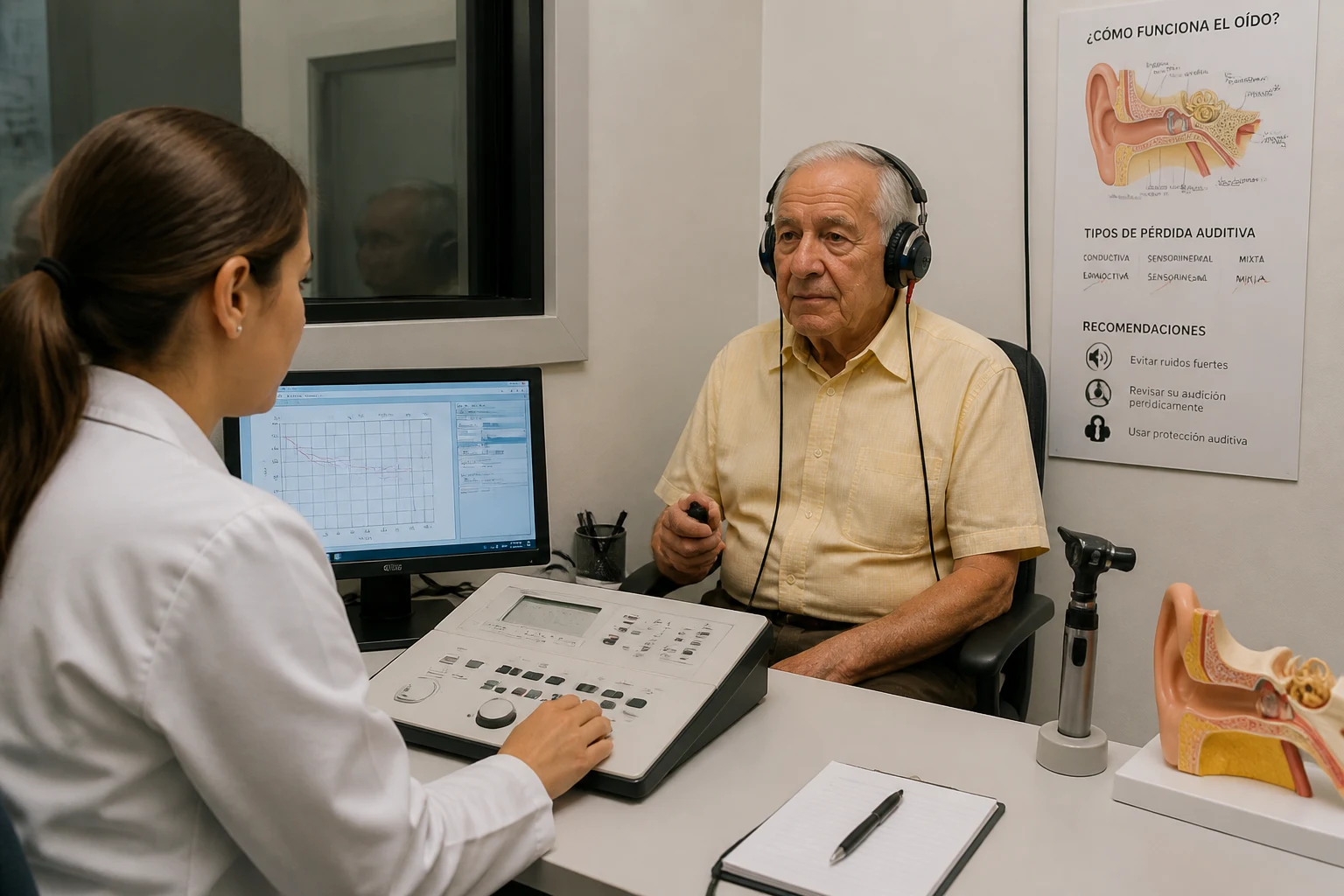 Especialista realizando una evaluación auditiva a un paciente